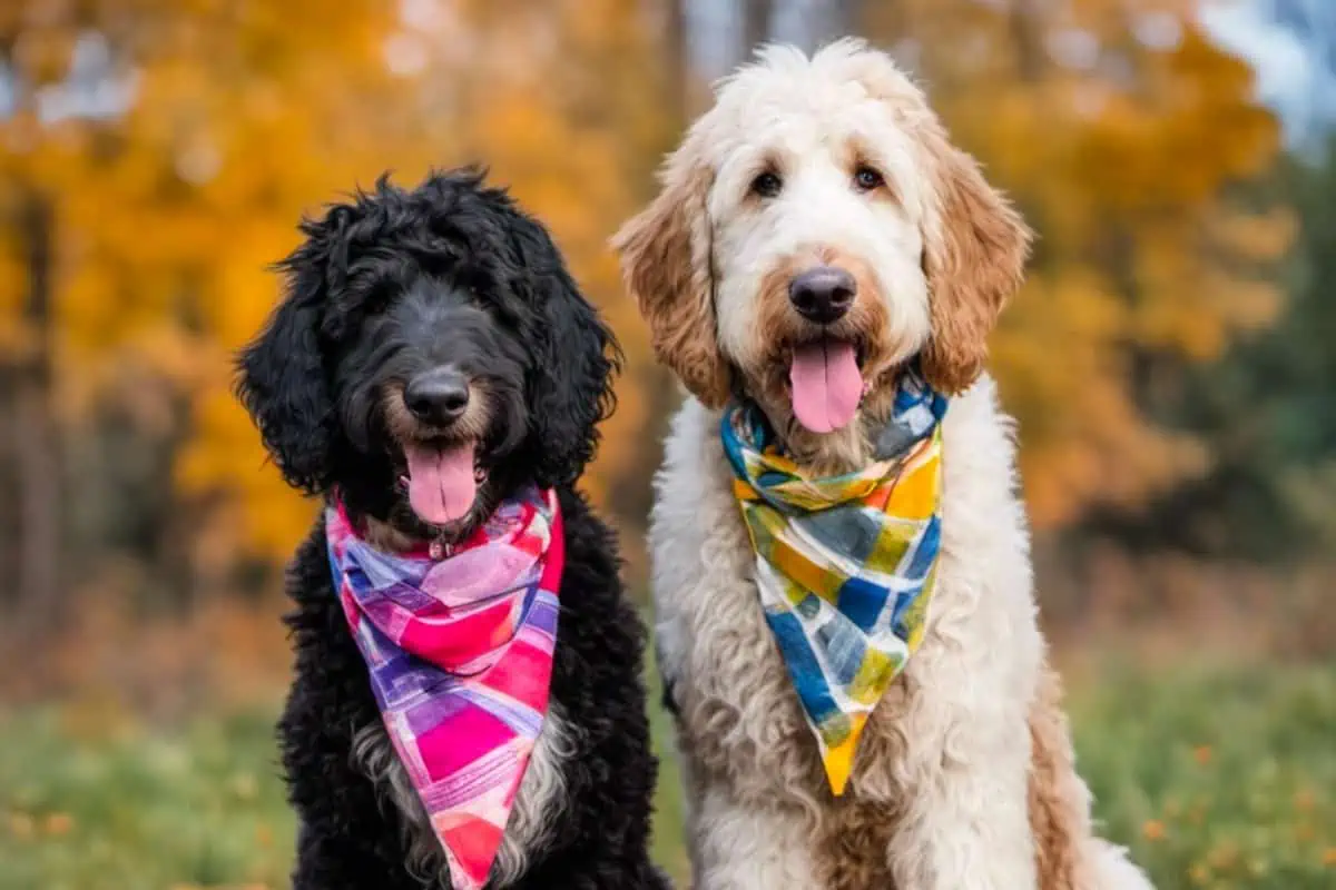 An almost all black Bernedoodle next to a Goldendoodle