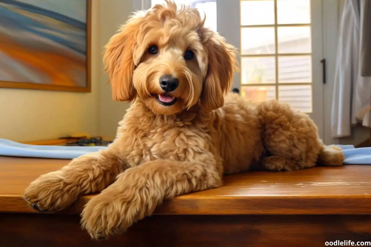 a happy goldendoodle on a table