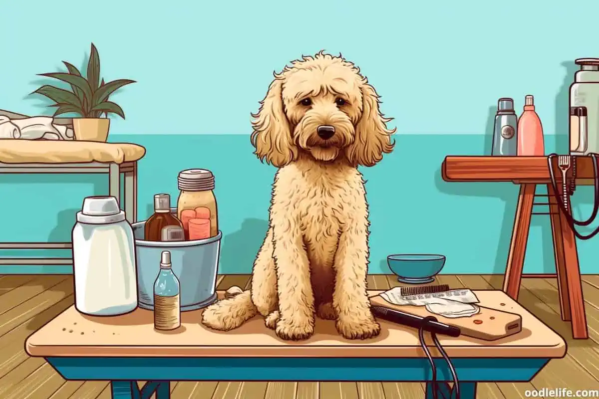 illustration of goldendoodle on a table with grooming supplies