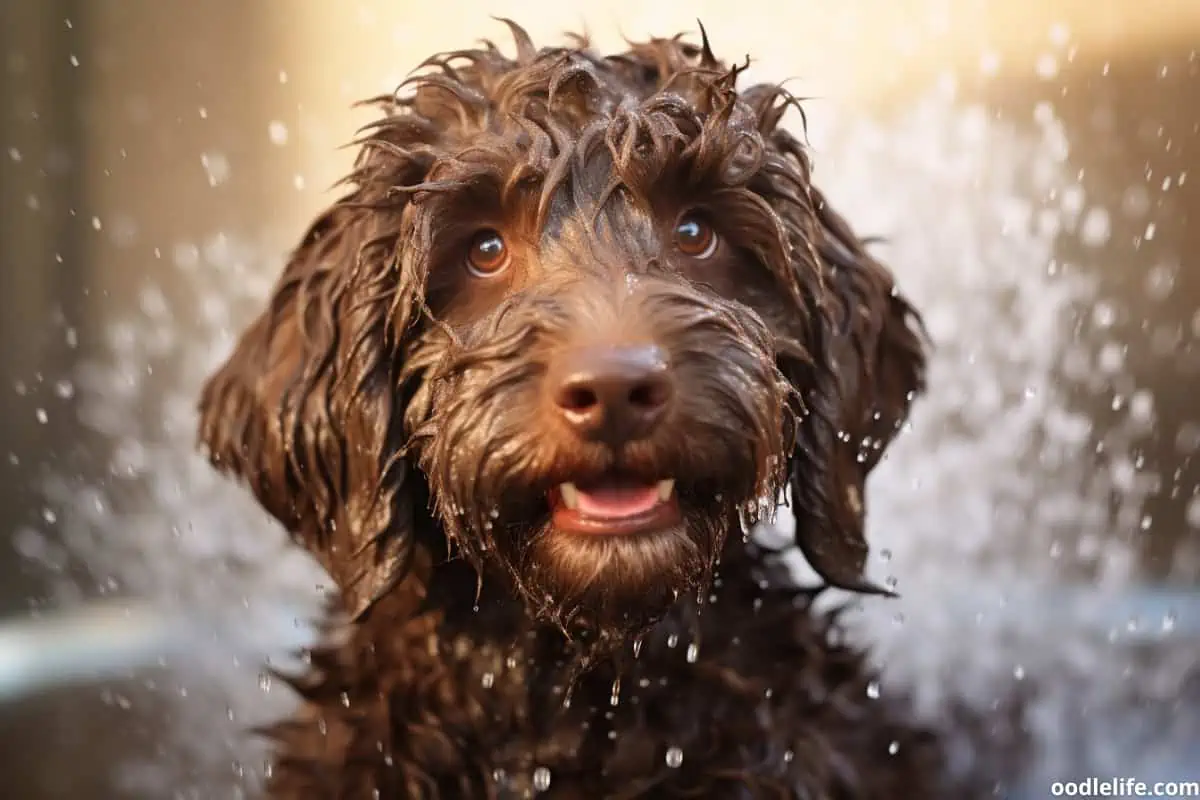chocolate labradoodle in a bath