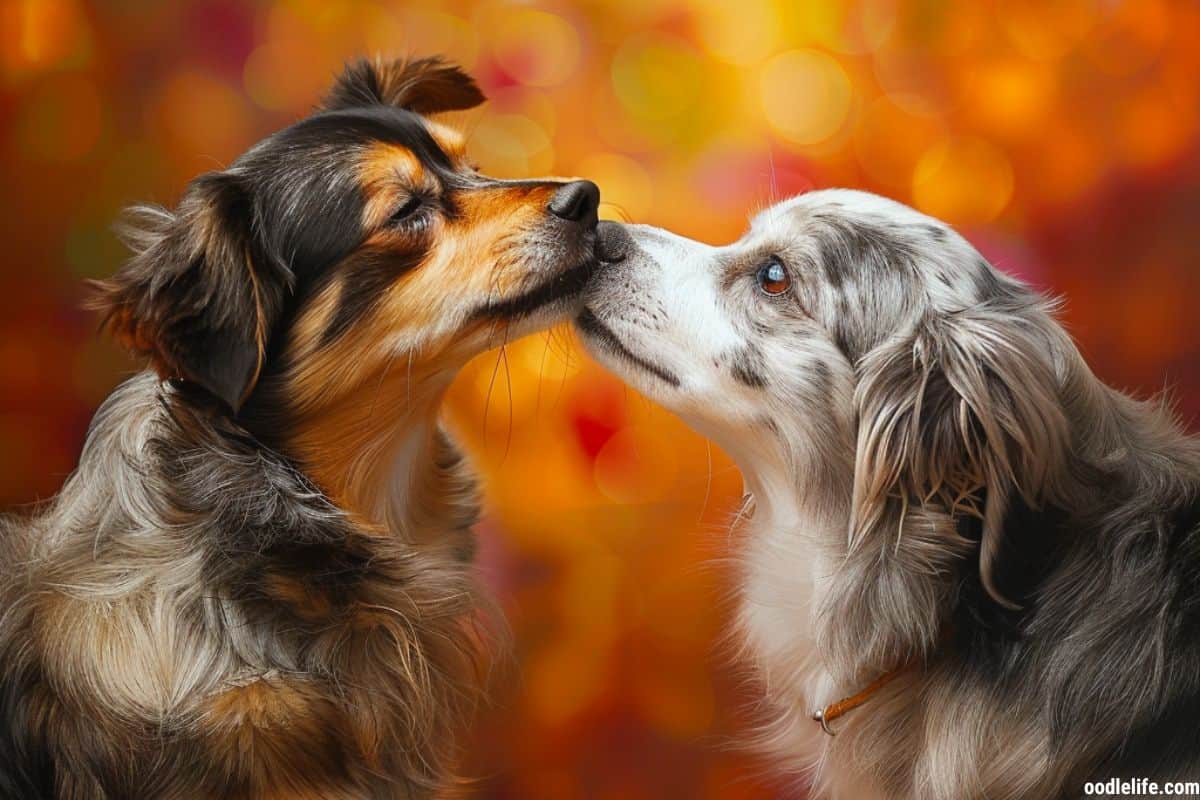 Two beautiful dogs have a friendly sniff. Normal dog behavior!