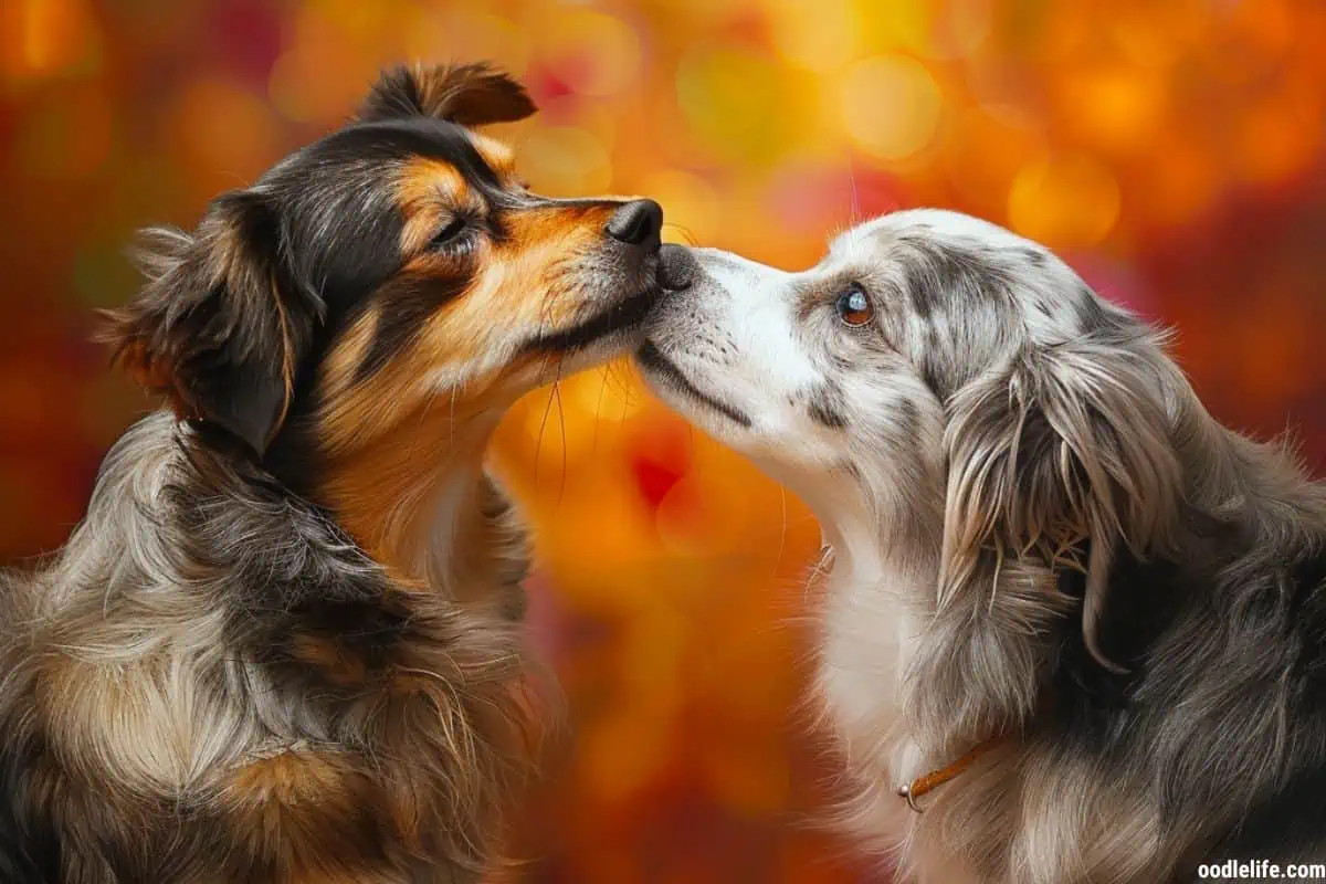 Two beautiful dogs have a friendly sniff. Normal dog behavior!