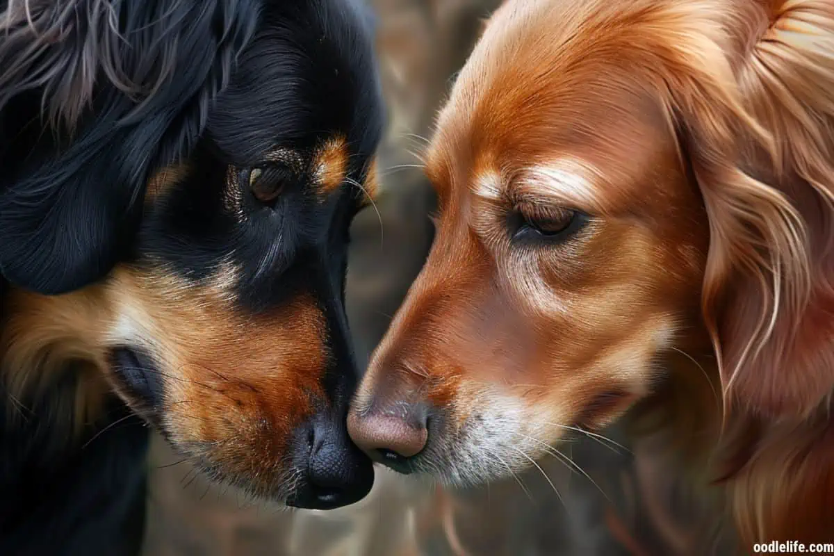 Up close and personal, two dogs face (and sniff) off.