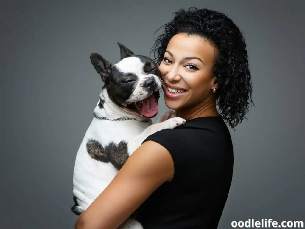 woman holds a French Bulldog