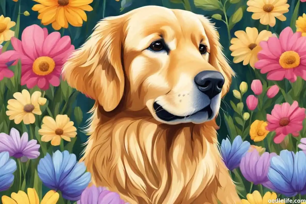 golden retriever illustration flowers