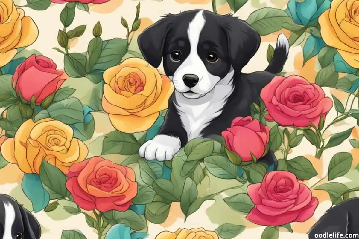 illustration of puppy in flowers