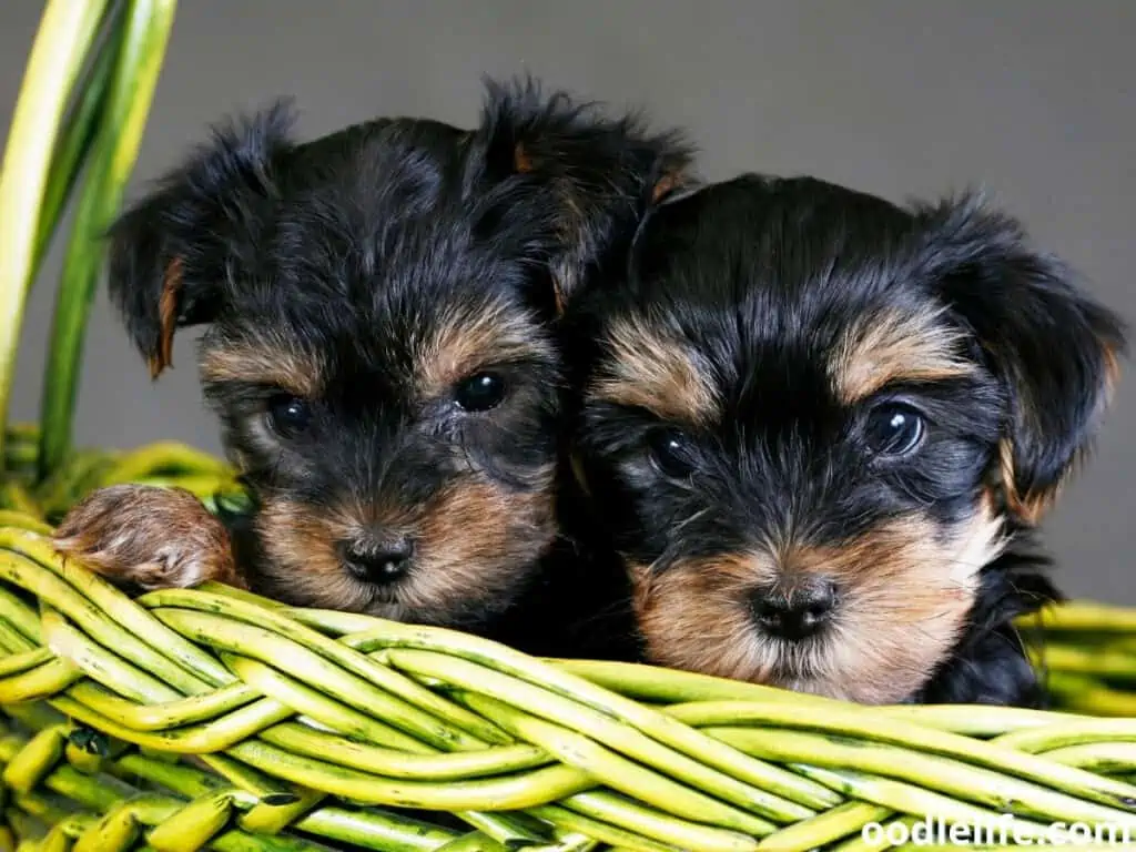 Yorkshire Terriers in a basket