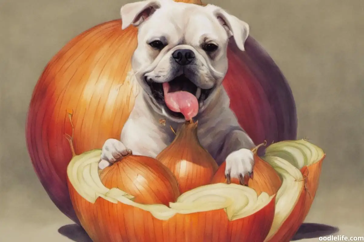 A stylized dog posing with an onion