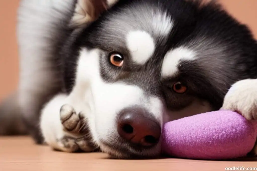 husky poodle mix with chew toy