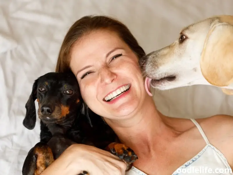 woman cuddles with her two dogs