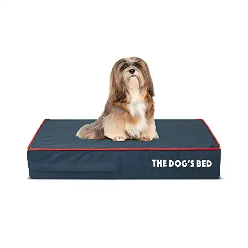The Dog’s Bed Orthopedic Memory Foam Dog Bed, Small Blue/Red 28x19, Pain Relief for Arthritis, Hip & Elbow Dysplasia, Post Surgery, Lameness, Supportive, Calming, Waterproof Washable Cover