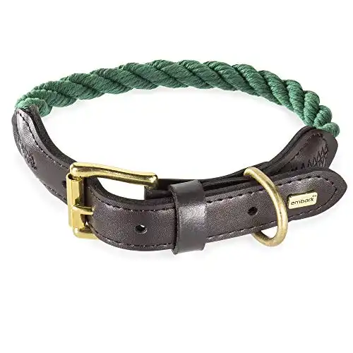 Embark Pets Country Dog Rope Collar - Braided Cotton and Leather Finish -Small, Medium, Large and Extra Large Collars for Dogs - Durable and Strong Build for Training, Walking, Running (XL, Green)