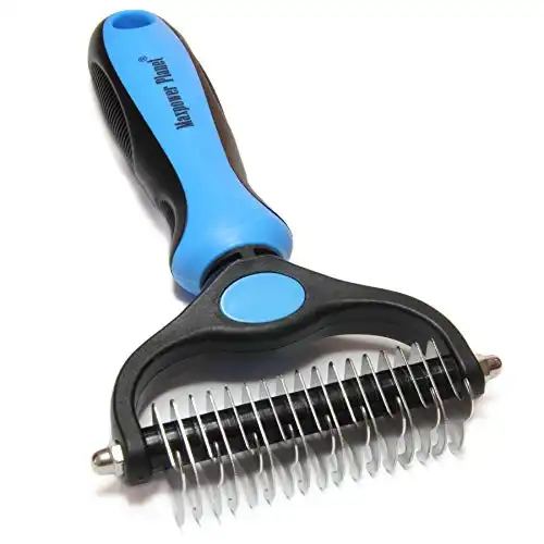 Maxpower Planet Pet Grooming Brush - Double Sided Shedding and Dematting Undercoat Rake Comb for Dogs and Cats,Extra Wide,Blue