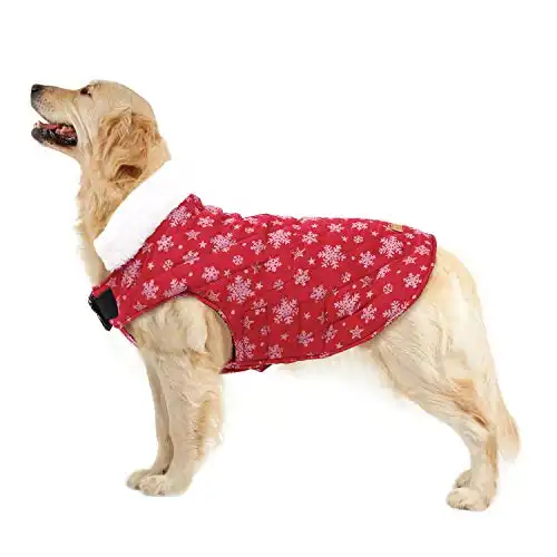 Kuoser Christmas Snowflake Cold Weather Dog Coat for Winter Reflective Reversible Dog Warm Fleece Jacket Waterproof Windproof Dog Vest with Furry Collar for Small Medium Large Dogs Red S