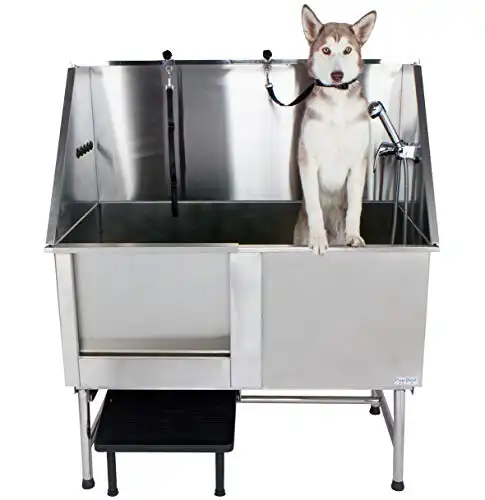 PawBest Stainless Steel Dog Grooming Bath Tub with Ramp, Faucet, Hoses and Loops (50" Bathtub)
