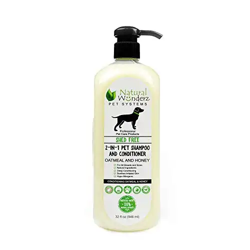 Pet Shampoo & Conditioner, Shed Free 2-in-1, Oatmeal and Honey, Hypoallergenic, Vegan, Natural Extract, for Healthy Skin & Coat, 32 Fl Oz, for Dry Itchy Skin, All Breeds, by Natural Wunderz