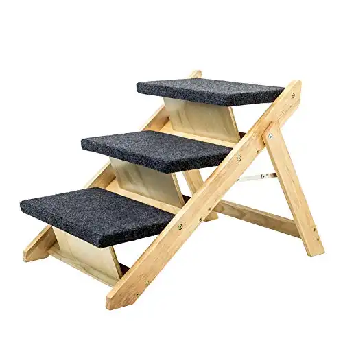 MEWANG Wood Pet Stairs/Pet Steps - Foldable 3 Levels Dog Stairs & Ramp Perfect for Beds and Cars - Portable Dog/Cat Ladder Up to 110 Pounds