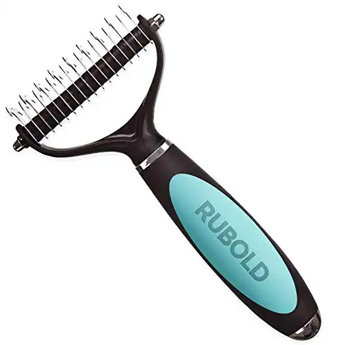 RUBOLD Dematting Tool for Dogs - Cat and Dog Brush for Shedding and Removing Mats - Undercoat Rake Comb for Safe and Gentle Grooming - Designed for Medium and Long Haired Cats Dogs and Every Other Pet