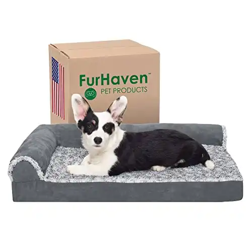 Furhaven Medium Orthopedic Dog Bed Two-Tone Faux Fur & Suede L Shaped Chaise w/ Removable Washable Cover - Stone Gray, Medium