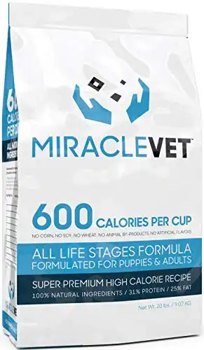 Miracle Vet High Calorie Dog Food For Weight Gain - 600 Calories Per Cup (Most In The World) - Veterinarian Approved For All Ages (Works For Puppies, Adults, and Senior Dogs). High Protein, High Fat.