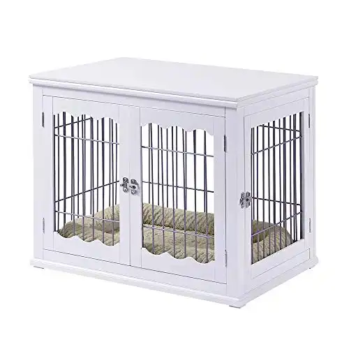 unipaws Furniture Style Dog Crate End Table with Cushion, Wooden Wire Pet Kennels with Double Doors, Medium Dog House Indoor Use, Chew-Proof