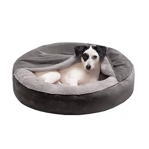 Furhaven Pet Bed for Dogs and Cats - Plush Velvet Waves Round Deep Dish Cushion Donut Dog Bed with Attached Blanket, Dark Gray, Small