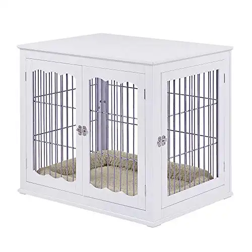 unipaws Furniture Style Dog Crate End Table with Cushion, Wooden Wire Pet Kennels with Double Doors, Large Dog House Indoor Use