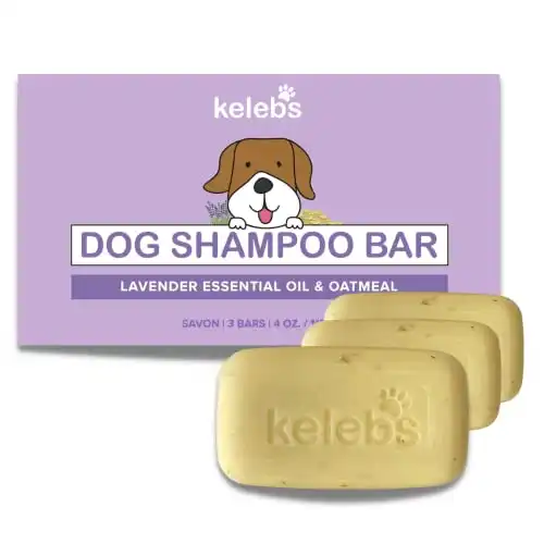 Kelebs Calming Lavender Oil Dog Bar Soap Anti-Itching Allergy Relief Soap Bar. Puppy Shampoo Bar for Sensitive Skin Essential Oils for Smelly Dogs, Oatmeal Organic Ingredients Zero Plastic Vegan 3Pc