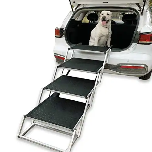 Widen Foldable Dog Car Stairs, Aluminum Frame 4 Steps Portable &Lightweight Pet Stairs, The Widest and Deepest Ladder on The Market, Nonslip Pet Ramp for Cars, Trucks and SUVs, Support 150 to 200 ...