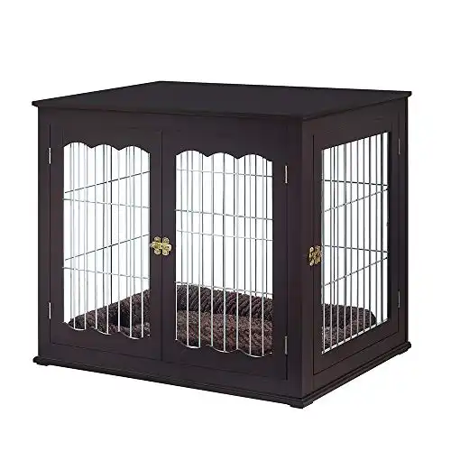 unipaws Furniture Style Dog Crate End Table with Cushion, Wooden Wire Pet Kennels with Double Doors, Large Dog House Indoor Use