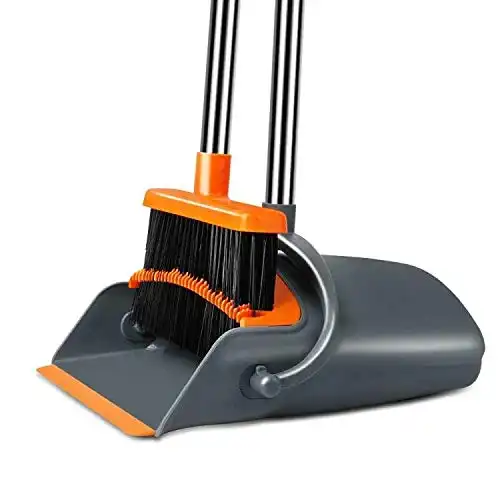 Chouqing Dust Pan and Broom, Self-Cleaning with Dustpan Teeth, Ideal for Dog Cat Pets Home Use, Super Long Handle Upright Stand Up Broom and Dustpan Set (Gray & Orange)