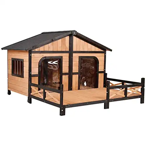 PawHut 59″ L x 63.5″ W x 39.25″ H Wood Large Dog House Cabin Style Elevated Pet Shelter w/Porch Deck Natural