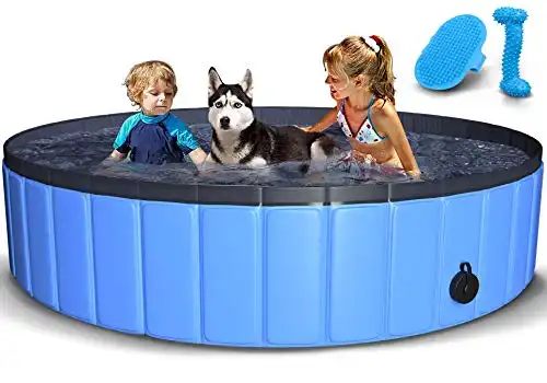 TNELTUEB Pet Swimming Pool for Large Dogs, 63"x12" Collapsible Dog Pool with Pet Brush Dog Chew Toy, Foldable Kiddie Pool Plastic Pet Bathing Tub, Outdoor Swimming Pool for Kids and Dogs Cat...