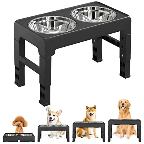 Lewondr Adjustable Elevated Dog Cat Bowls, 4 Heights (3",9",10",12") Adjustable Raised Dog Bowls Stand with Double Stainless Steel Food and Water Bowls for Small Medium Large Dogs,...