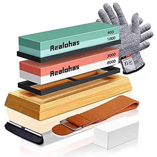 Whetstone Knife Sharpening Stone Kit - Professional Knife Sharpener Stone Set, Realohas Premium 4 Side Grit 400/1000 3000/8000 Wet Stone Sharpening Kit with Anti Cut Gloves, Leather Strop, Angle Guide