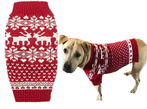 Red Christmas Reindeer Holiday Festive Dog Sweater for Large Dogs, Back Length 20" Girth 22-26 (XL) Size