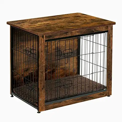DWANTON Dog Crate Furniture with Cushion, Wooden Dog Crate Table, Double-Doors Dog Furniture, Indoor Dog Kennel, Dog House, Dog Cage Small, 27.2" L