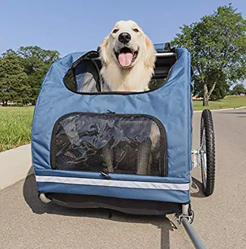 PetSafe Happy Ride Steel Dog Bicycle Trailer - Supports up to 110 lbs - Easy to Connect and Disconnect to Bikes - Includes Three Storage Pouches and Safety Tether - Collapsible to Store - Large