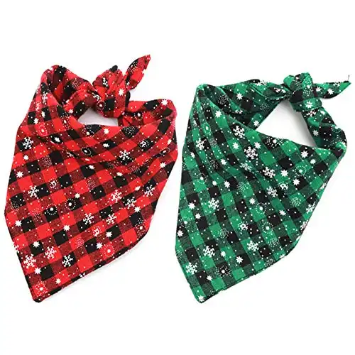 Malier 2 Pack Dog Bandana Christmas Classic Plaid Snowflake Pet Scarf Triangle Bibs Kerchief Set Pet Costume Accessories Decoration for Small Medium Large Dogs Cats Pets (Small, Green + Red)