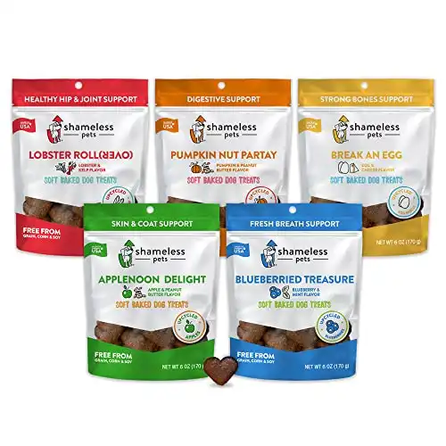 SHAMELESS PETS Soft-Baked Dog Treats, 6oz (Variety Pack, 5-Pk) | Clean, Natural, Grain-Free Dog Biscuits | Promotes Wellness in All Dogs | Made w/ Upcycled Ingredients in USA