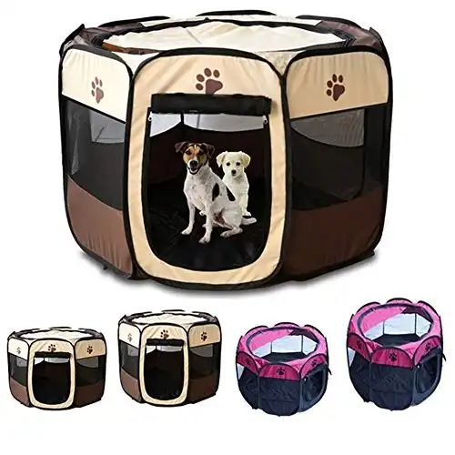 Portable Pet Playpen, Foldable Dog Playpens, Indoor/Outdoor Pet Exercise Kennel Tent Mesh Shade Cover Travel Dog Play Tent for Puppies/Dogs/Cats/Rabbits (S: 28"*28"*18", Brown)