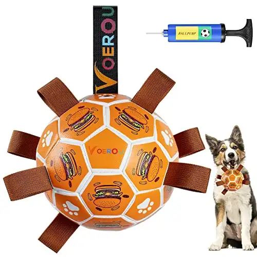 Dog Soccer Ball with Grab Tabs, Voerou Durable Dog Toys, Dog Balls for Small & Medium Dogs, Interactive Dog Toys, Dog Water Toy, Dog Tug Toy for tug of war, Herding Ball for Dogs (6 inch)