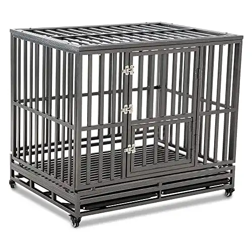 LUCKUP Heavy Duty Dog Cage Metal Kennel and Crate for Medium and Large Dogs, Pet Playpen with Four Wheels,Easy to Install,42 inch,Black