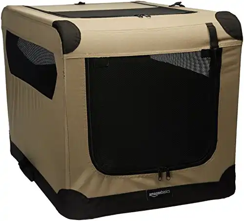 Amazon Basics 3-Door Collapsible Soft-Sided Folding Soft Dog Travel Crate Kennel, Medium (21 x 21 x 30 Inches), Tan