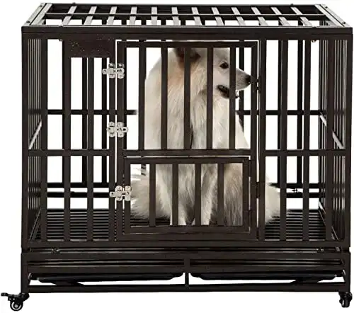 SMONTER 42" Heavy Duty Strong Metal Dog Cage Pet Kennel Crate Playpen with Wheels, I Shape, Brown