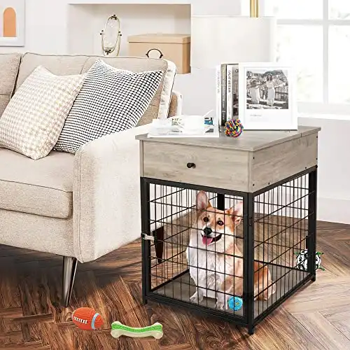 IDEALHOUSE Furniture Dog Crates, Style Wood Dog Kennel End Table with Drawer, Dog House Indoor Use, Chew-Proof, Casual Home Wooden Pet Crate, Indoor Pet Crate Side Table, Grey