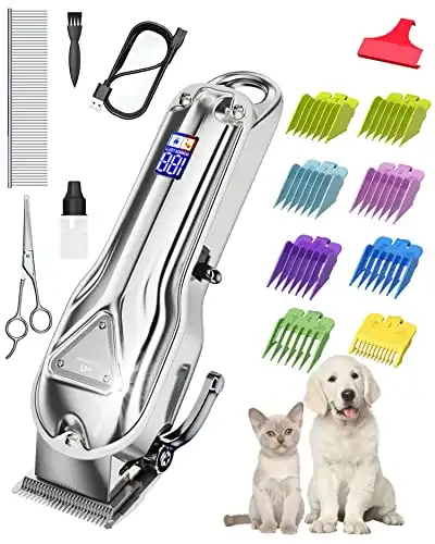 Dog Clipper Cordless, Heavy Duty Dog Trimmer, Cat Dog Grooming Kit Low Noise, USB Rechargeable Pet Hair Shaver, Professional Electric Pet Clipper with LCD Display for Small Large Breeds for Thick Coat