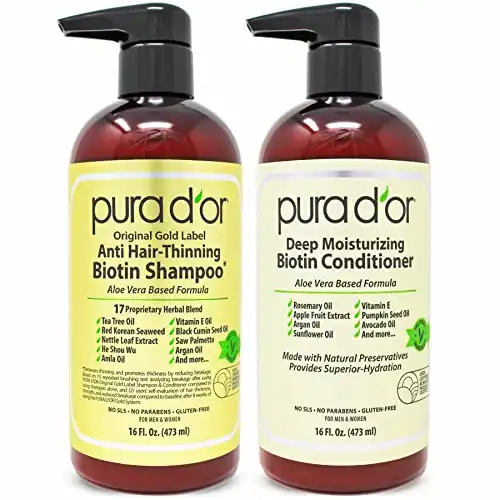 PURA D'OR Biotin Original Gold Label Anti-Thinning (16oz x 2) Shampoo & Conditioner Set, Clinically Tested Effective Solution w/ Herbal DHT Ingredients, All Hair Types, Men & Women (Packa...