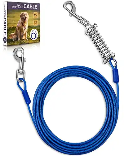 Petbobi 30ft Tie Out Cable for Dog with Durable Spring and Metal Swivel Hooks for Outdoor, Yard and Camping, Rust- Proof Training Tether for Small to Medium Dogs Up to 120 Pounds, Blue