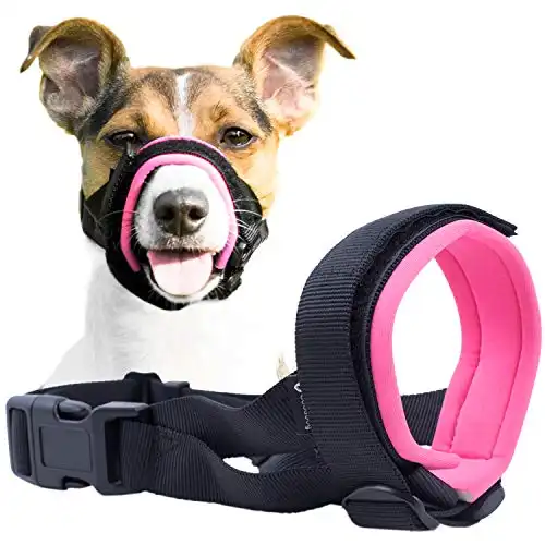 Gentle Muzzle Guard for Dogs - Prevents Biting and Unwanted Chewing Safely – New Secure Comfort Fit - Soft Neoprene Padding – No More Chafing – Training Guide Helps Build Bonds with Pet (M, Pink...